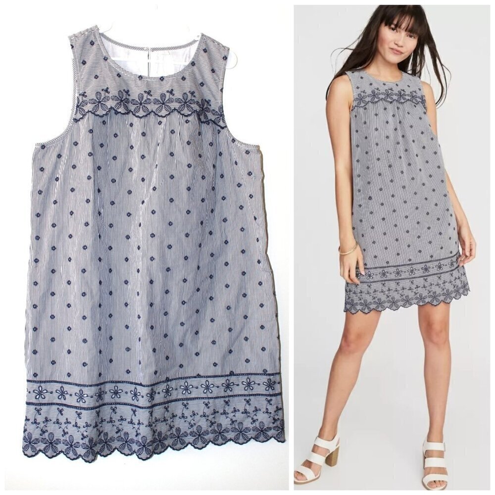 NWT Old Navy Scalloped Yoke Mini dress Embroidered Floral Eyelet Size XL Navy